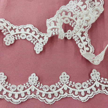 KZ-49W-SB Polyester Lace Fabric - Beaded Sequin Embroidered Trimming, 2" Width, White, Ivory, Gold, Silver (1 Yard)