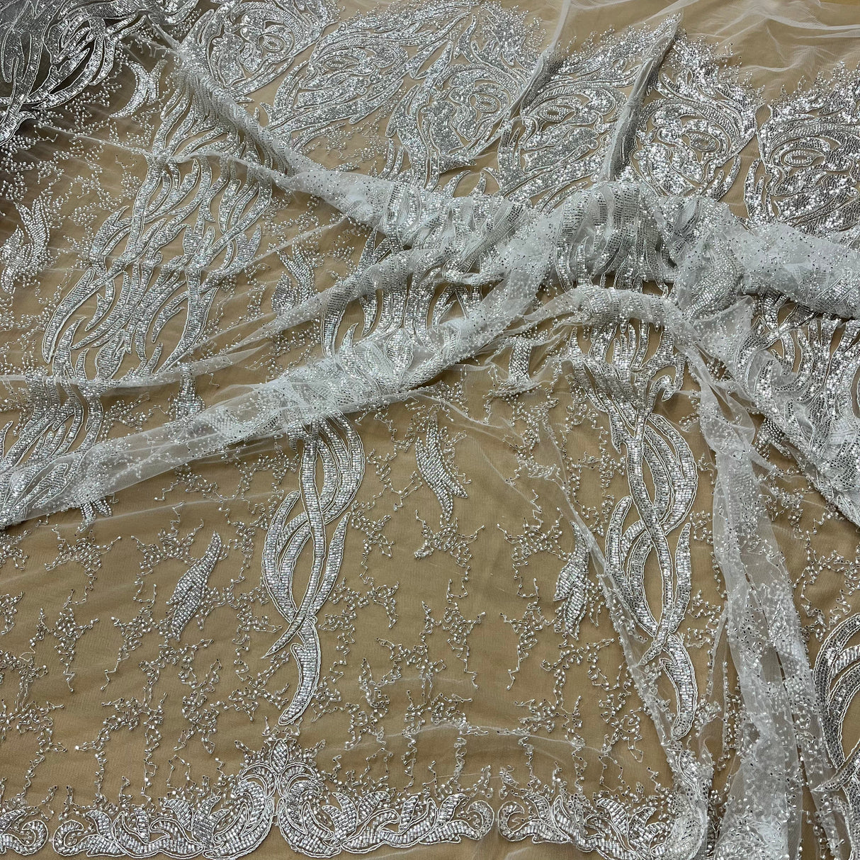 Beaded & Corded Bridal Lace Fabric - Embroidered 100 Percent Polyester Net Mesh, Ivory, Antique Silver, Gold, Silver, White, 58" Width (1 Yard)