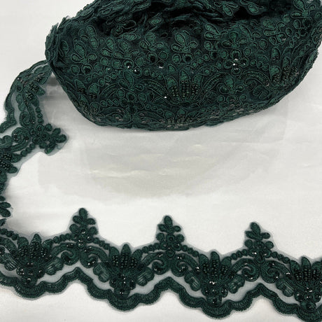 Beaded Corded Lace Trim on Polyester Net Mesh 3" Wide