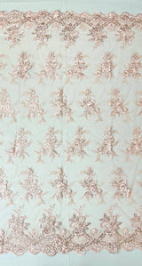 Valentina Embroider Floral Lace Polyester Fabric - Corded Floral Embroidery With Sequins, Mesh Lace, Double Scallop Edge, 50-54" Width (1 Yard)