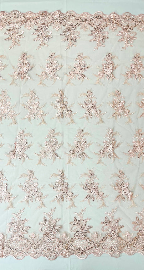 Valentina Embroider Floral Lace Polyester Fabric - Corded Floral Embroidery With Sequins, Mesh Lace, Double Scallop Edge, 50-54" Width (1 Yard)