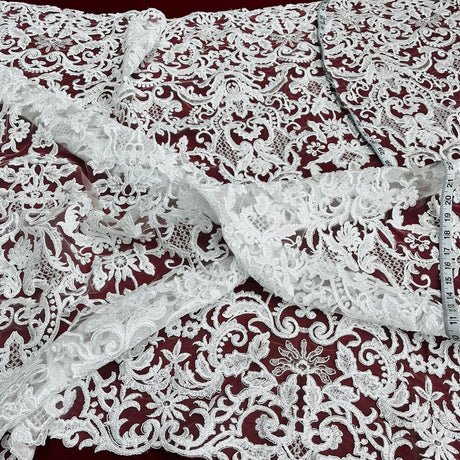 1 Yard Beaded & Corded Bridal Lace Fabric Embroidered on 100% Polyester Net Mesh