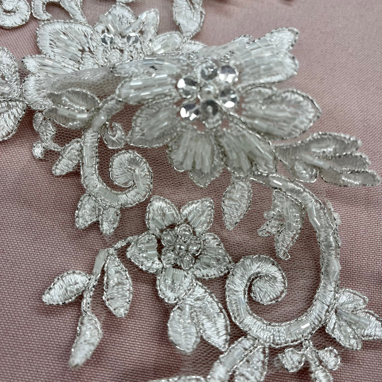 Beaded Corded Floral Lace Applique on Polyester Net Mesh