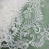 1 Yard Silver Corded Bridal Lace Fabric Embroidered on Polyester Net Mesh Floral Design 52 Inch Width