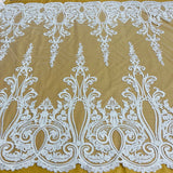 1 Yard Beaded and Corded Bridal Lace Fabric Embroidered on Polyester Net Mesh White