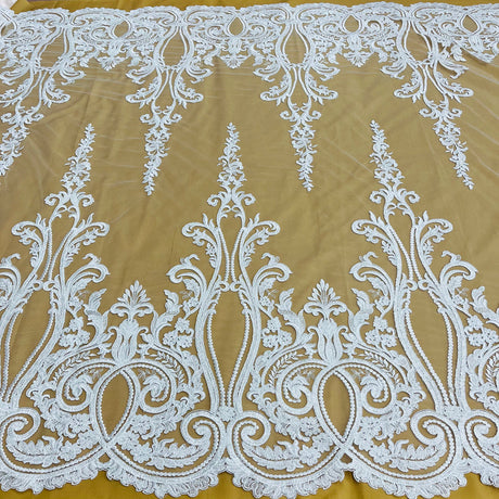 1 Yard Beaded and Corded Bridal Lace Fabric Embroidered on Polyester Net Mesh White