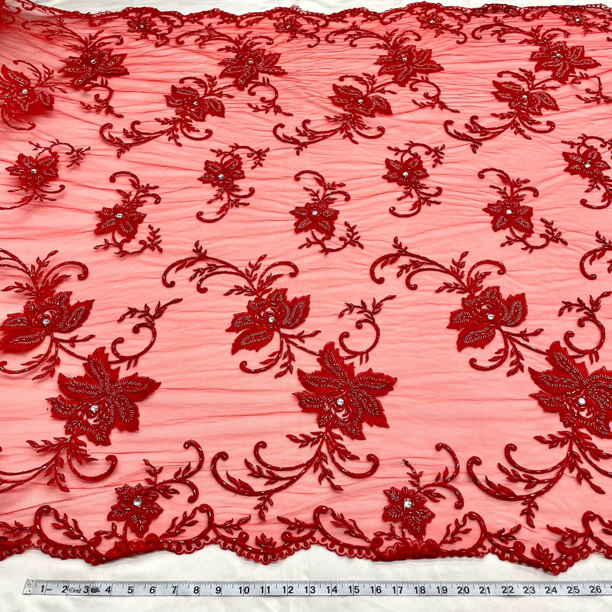 Beaded Sequined Lace Fabric Red