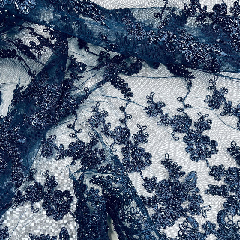 1 Yard Beaded & Corded Lace Fabric Embroidered on 100% Polyester Net Mesh 54" Wide