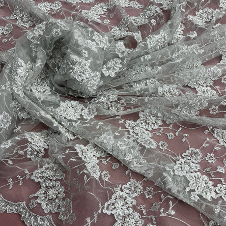 Beaded Corded Lace Fabric on Polyester Net Mesh