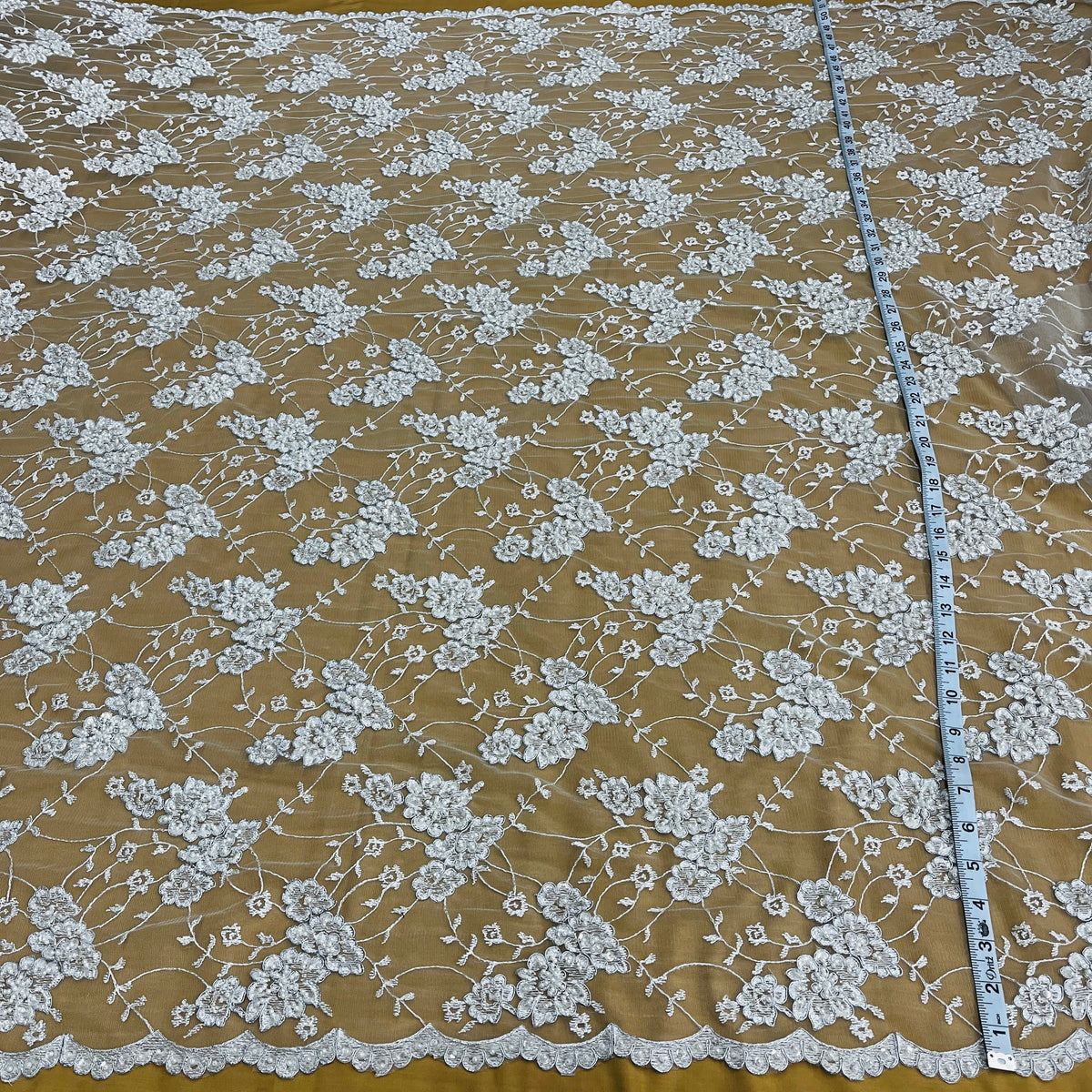 1 Yard Beaded & Corded Lace Fabric Embroidered on 100% Polyester Net Mesh 52" Wide