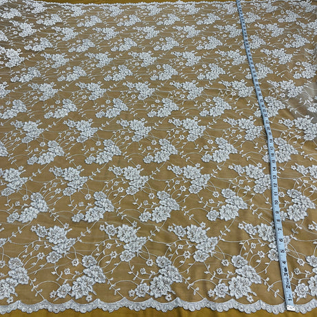 1 Yard Beaded & Corded Lace Fabric Embroidered on 100% Polyester Net Mesh 52" Wide