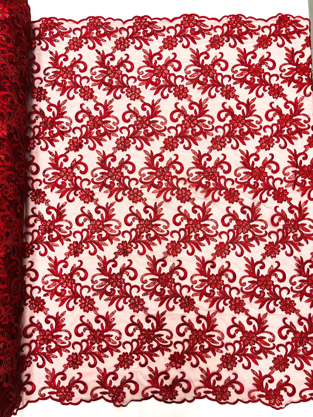 Estrella Corded Flowers Embroider With Sequins Mesh Lace Fabric - Floral Embroidered, Double Scallop, 50-54" Width, 36" Length (1 Yard)