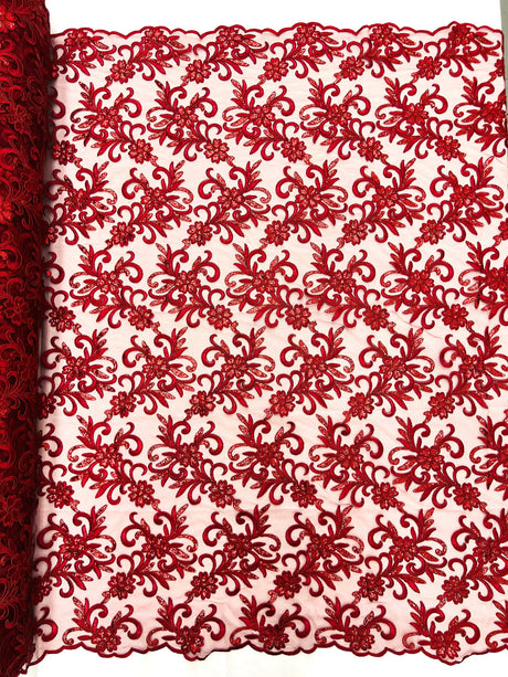 Estrella Corded Flowers Embroider With Sequins Mesh Lace Fabric - Floral Embroidered, Double Scallop, 50-54" Width, 36" Length (1 Yard)