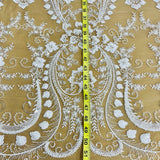 Beaded Lace Fabric Embroidered On 100 Percent Polyester Net Mesh - White, Ivory, Antique Silver, 51" Width (1 Yard)