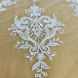 Beaded Lace Fabric Embroidered On 100 Percent Polyester Net Mesh - White, Ivory, Antique Silver, 53" Width (1 Yard)