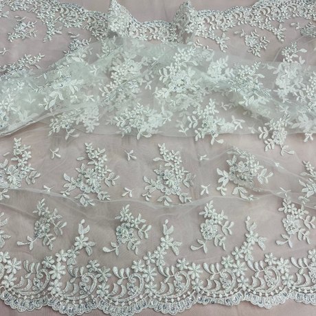 Beaded Corded Floral Lace Fabric 52" Scalloped Edges