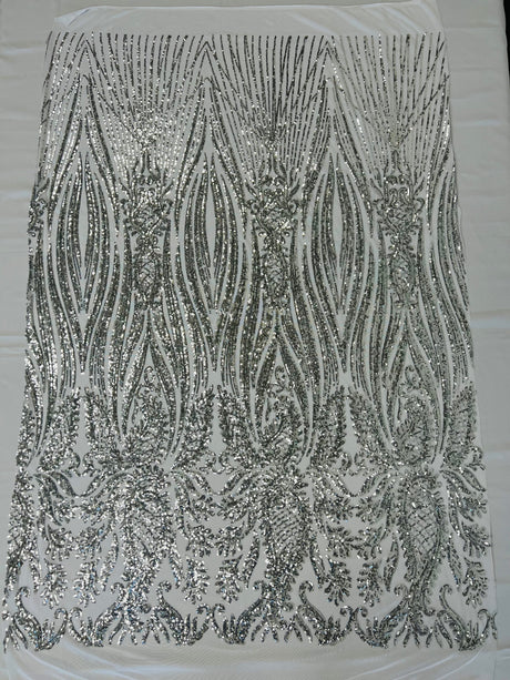 Paisley Sequin Design 4 Way Stretch Mesh Fabric - Nude Paisley Embroidered Iridescent Sequins, 48-50" Width, 36" Length (1 Yard)