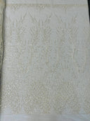 Wing Feather Damask Beaded Lace Fabric - Feather Damask, Beaded Mesh Lace, 50-54" Width (1 Yard)