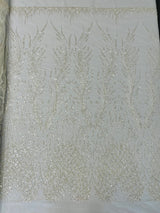 Wing Feather Damask Beaded Lace Fabric - Feather Damask, Beaded Mesh Lace, 50-54" Width (1 Yard)