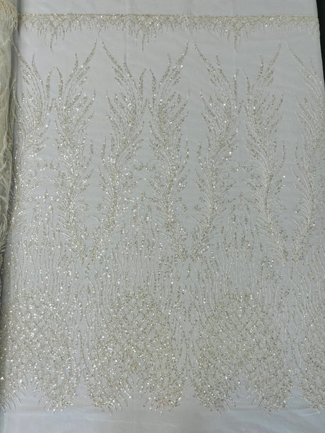 Wing Feather Damask Beaded Lace Fabric - Feather Damask, Beaded Mesh Lace, 50-54" Width (1 Yard)
