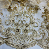 Beaded Corded Bridal Lace Fabric on Polyester Net Mesh
