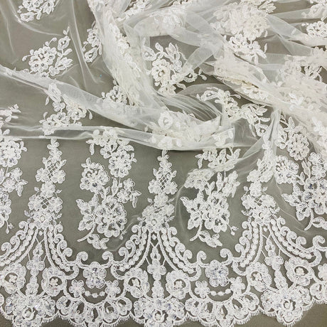 1 Yard Beaded Corded Lace Fabric Embroidered on 100 Percent Polyester Net Mesh 52 Inch Width