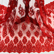 Beaded & Corded Lace Fabric - Embroidered On 100 Percent Polyester Net Mesh, Red/Jade/Coral, 54" Width (1 Yard)