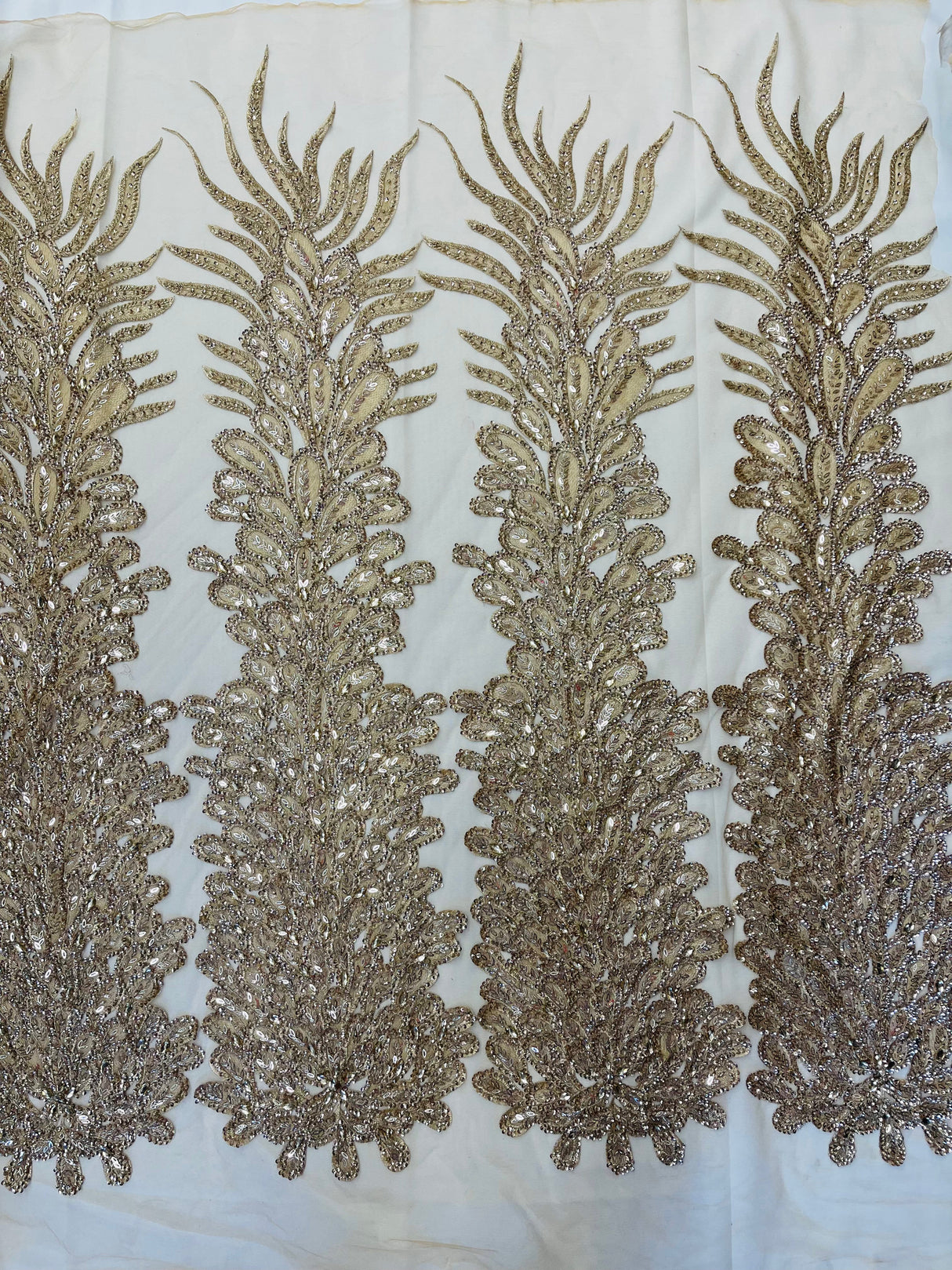 New Vegas Heavy Beaded Feather Design Embroidery Mesh Fabric - Beaded Feather Design, 11" Width, 50" Length (1 Panel)
