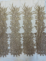New Vegas Heavy Beaded Feather Design Embroidery Mesh Fabric - Beaded Feather Design, 11" Width, 50" Length (1 Panel)