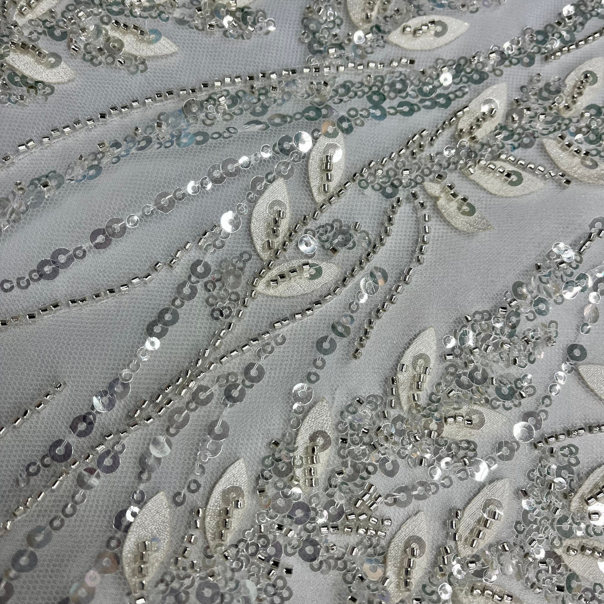 Beaded 3D Floral Lace Fabric Ivory Silver