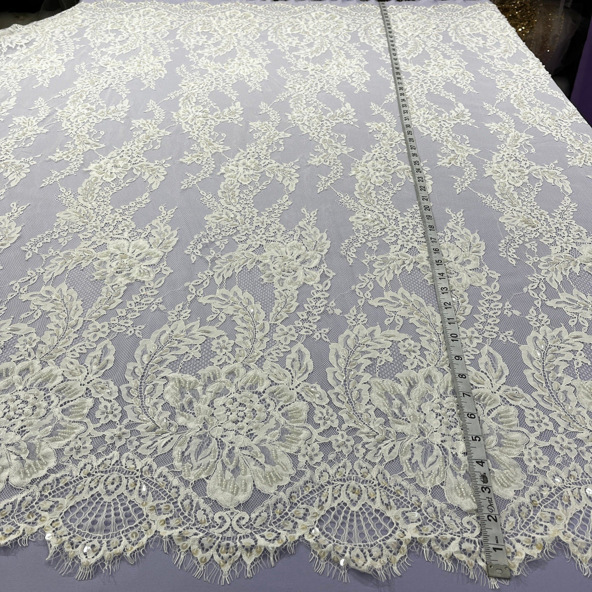 Beaded Chantilly Lace Fabric with Eyelash Scallop, Off White, 3 Yards x 56"