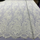 Beaded Chantilly Lace Fabric with Eyelash Scallop, Off White, 3 Yards x 56"