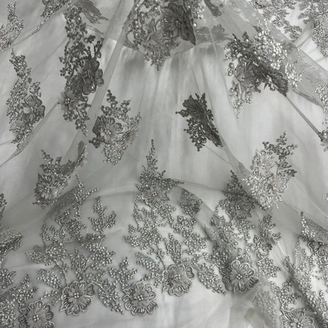 Beaded 3D Floral Lace Polyester Fabric - Black, Skin, Silver, 52" Width (1 Yard)
