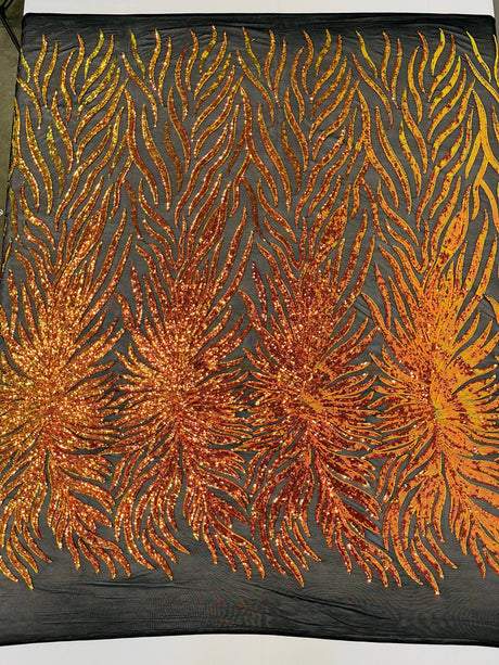 Phoenix Sequin Feather Polyester Fabric - Iridescent Flame Design, 54" Width (1 Yard)