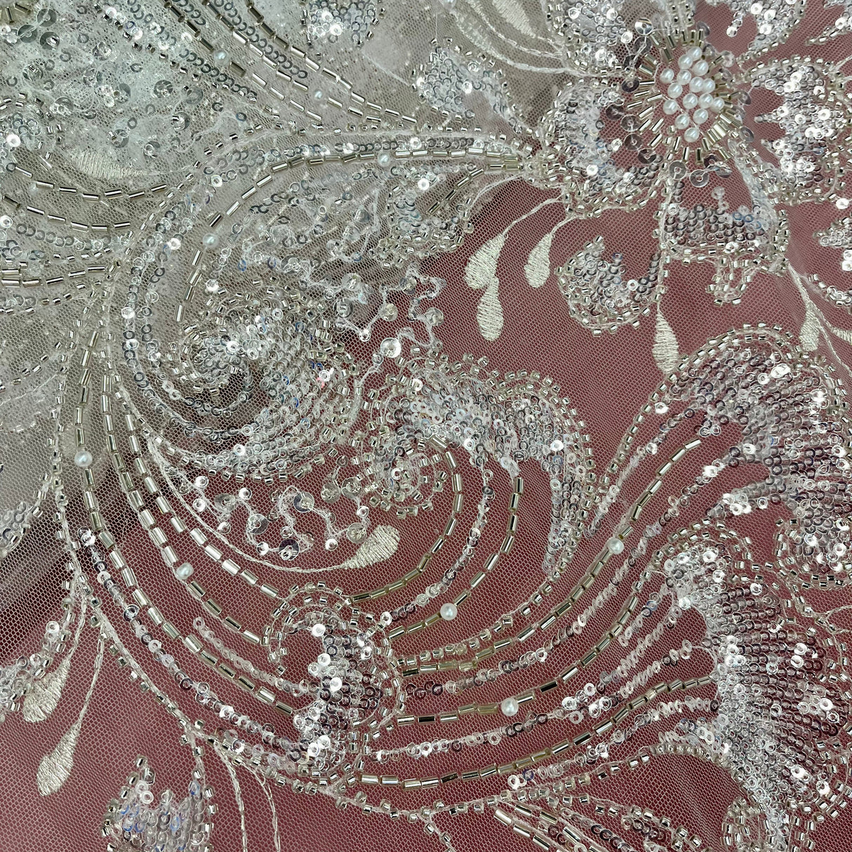 Beaded Lace Fabric on Polyester Net Mesh