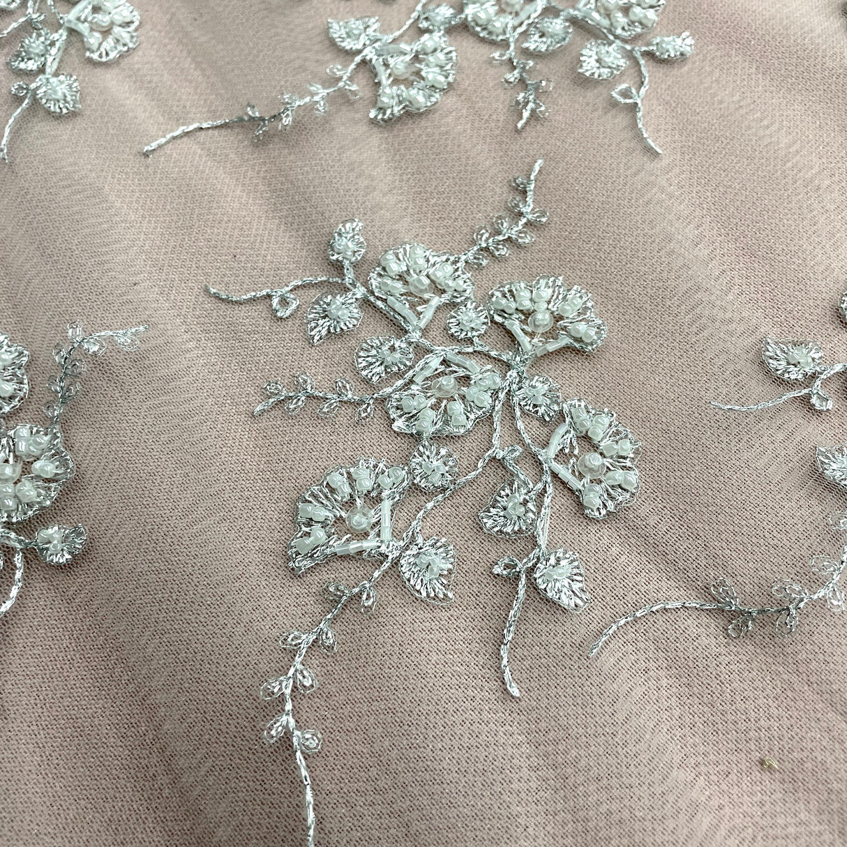 Beaded Sequined Lace Fabric on Polyester Net Mesh