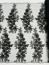 Rosa 3D Floral Design With Rhinestones Polyester Fabric - 3D Floral Embroidered Mesh Lace, 54" Width (1 Yard)