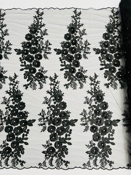 Rosa 3D Floral Design With Rhinestones Polyester Fabric - 3D Floral Embroidered Mesh Lace, 54" Width (1 Yard)