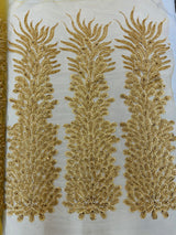 New Vegas Heavy Beaded Feather Design Embroidery Mesh Fabric - Beaded Feather Design, 11" Width, 50" Length (1 Panel)