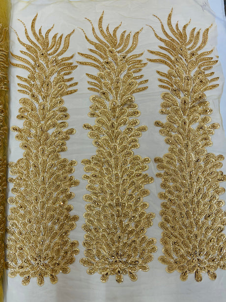 New Vegas Heavy Beaded Feather Design Embroidery Mesh Fabric - Beaded Feather Design, 11" Width, 50" Length (1 Panel)