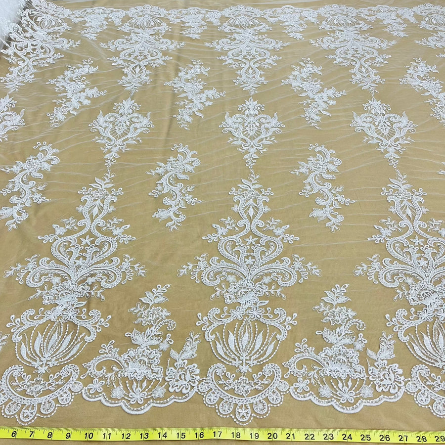 1 Yard Elegant Beaded Lace Fabric Embroidered on Polyester Net Mesh White Ivory and Gold