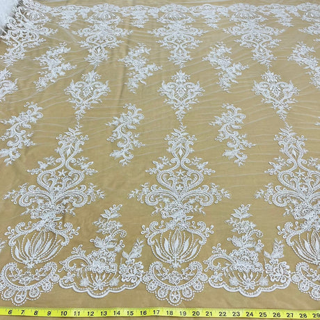 1 Yard Elegant Beaded Lace Fabric Embroidered on Polyester Net Mesh White Ivory and Gold