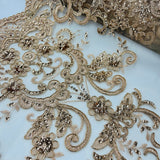 1 Yard Ethereal Beaded Corded Bridal Lace Fabric Embroidered on Premium Mesh 54