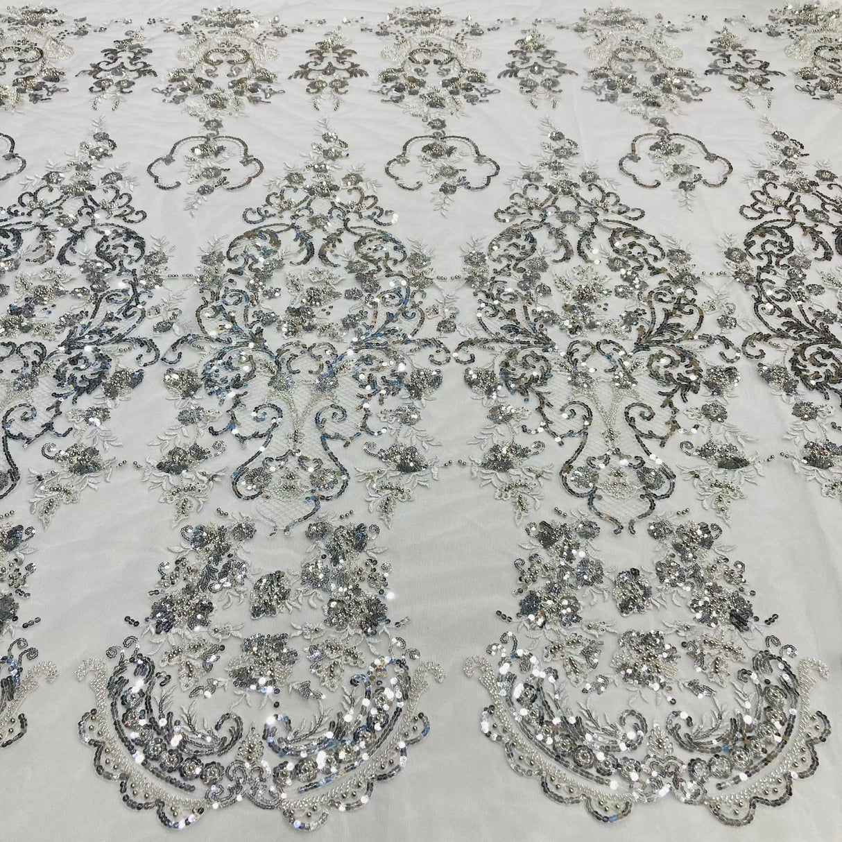 1 Yard Silver Beaded Lace Fabric Embroidered on 100% Polyester Net Mesh 52 Inch Width