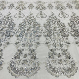 1 Yard Silver Beaded Lace Fabric Embroidered on 100% Polyester Net Mesh 52 Inch Width
