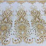 1 Yard Gold Beaded Lace Fabric Embroidered on Polyester Net Mesh 52 Inch Width