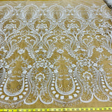 1 Yard Antique Silver Beaded Lace Fabric Embroidered on 100% Polyester Net Mesh 51 Inch Width