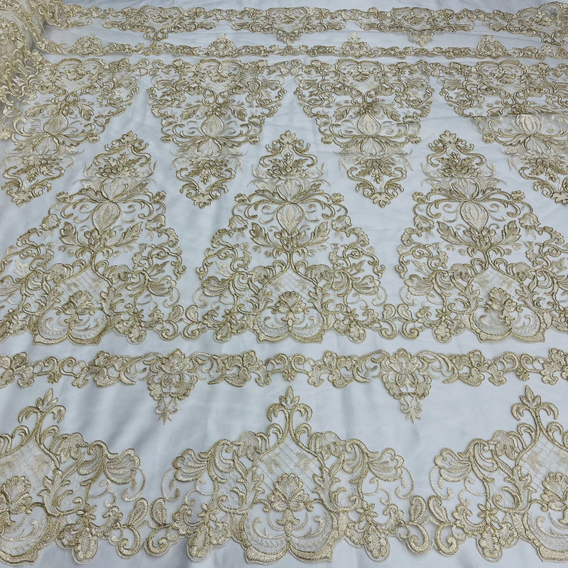 1 Yard Luxurious Gold Corded Bridal Lace Fabric Embroidered on Net Mesh 53 inch Width