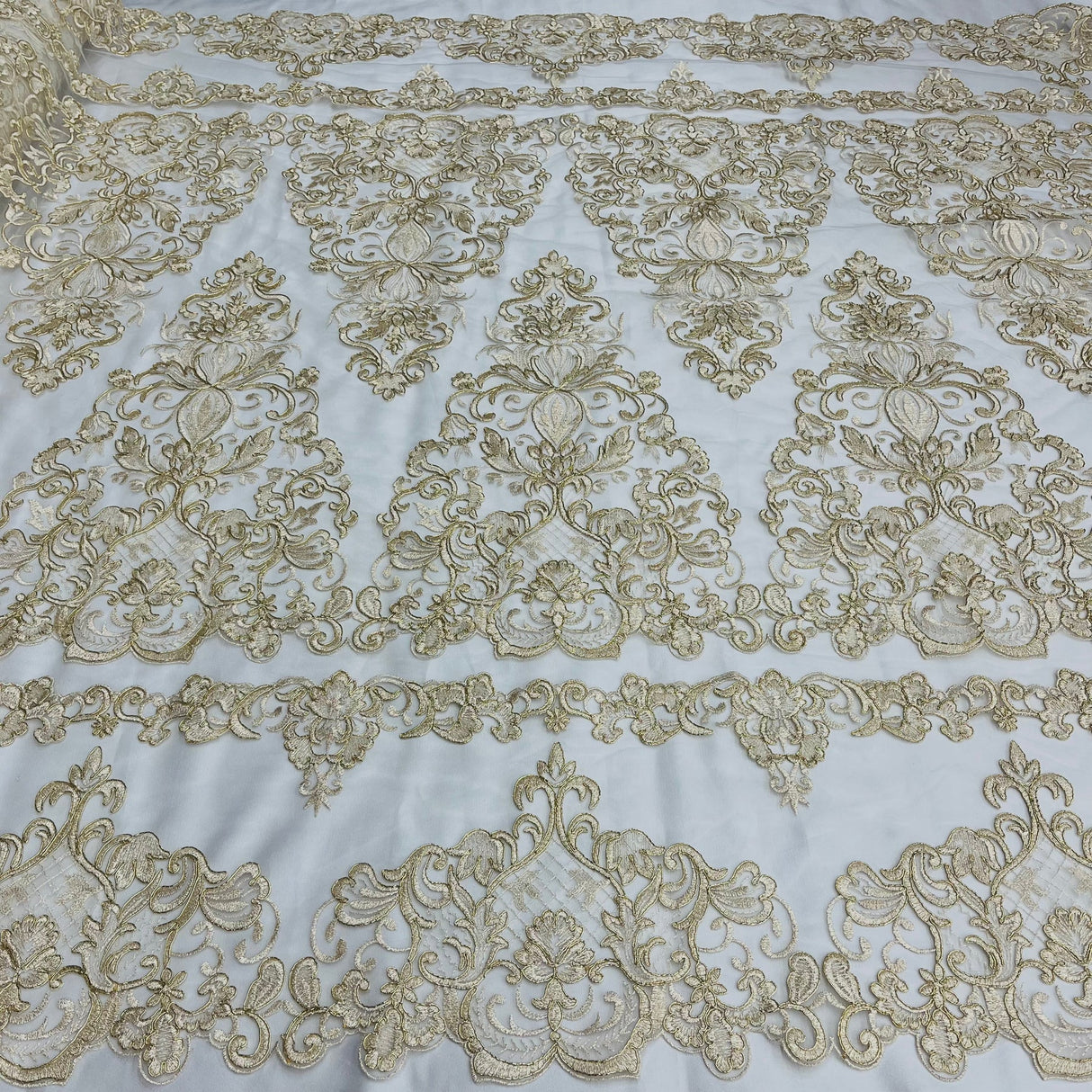 1 Yard Luxurious Gold Corded Bridal Lace Fabric Embroidered on Net Mesh 53 inch Width