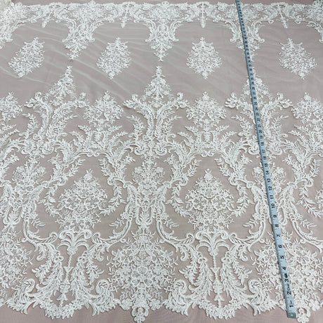 1 Yard Corded Bridal Lace Fabric Embroidered on Premium Polyester Mesh 52